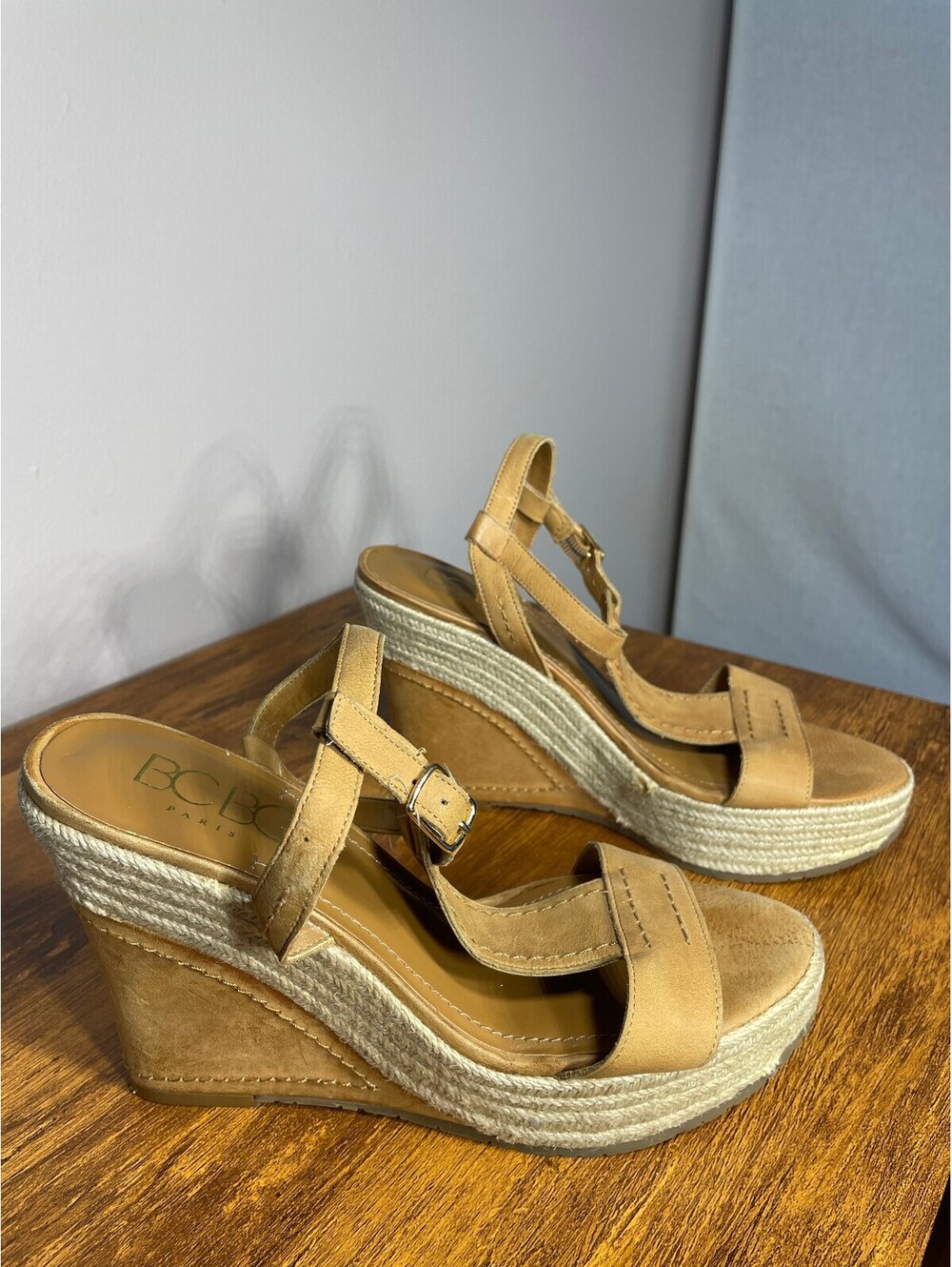 BCBG Paris Tan Suede Espadrille Wedges Coastal Cowgirl Euro
